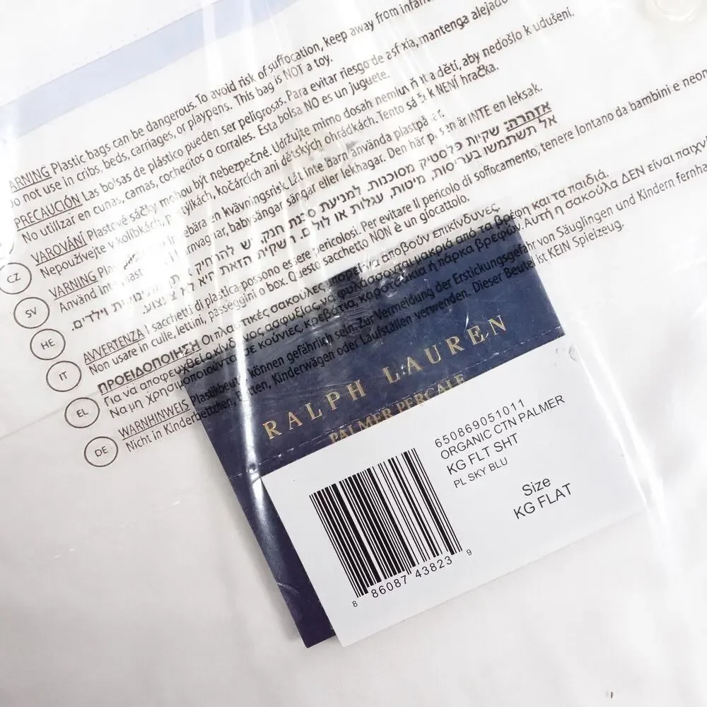 New Ralph Lauren Organic Cotton Percale Palmer King Flat Sheet White/Sky Blue